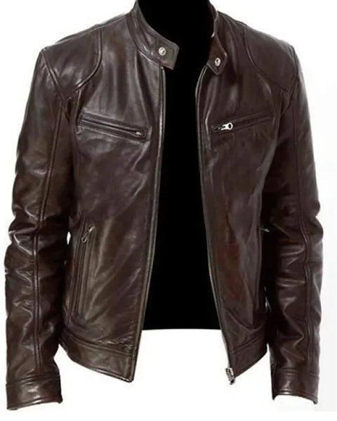 Men's PU Leather Jacket Stand Neck Zipper Slim Fit