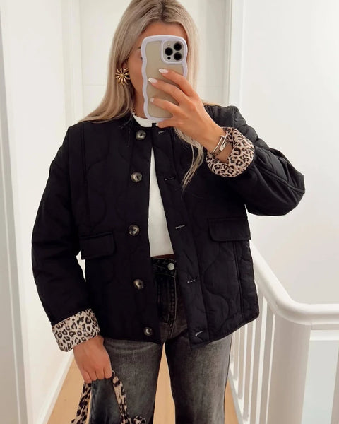 Women's Jacket Retro O-neck Long Sleeve Single Breasted Solid Front Pocket Quilted Loose Outwear Fall Winter