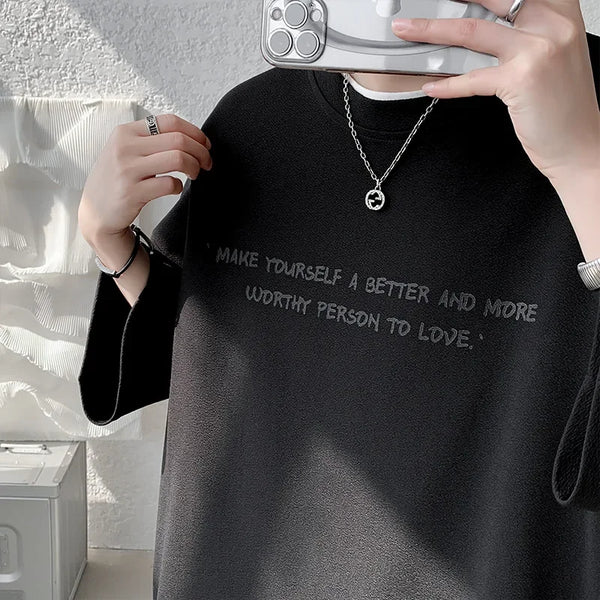 Loose Ice Silk Men's T-shirt Short Sleeve Oversize Feeling Five-Quarter Sleeve Fashionable Casual Summer Crew Neck Top