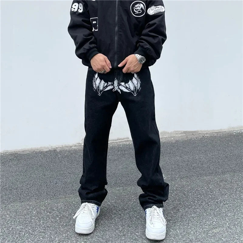 American Style High Street Skeleton Printing Jeans Loose Fit Straight Leg Wide Leg Trousers Trendy Casual Streetwear