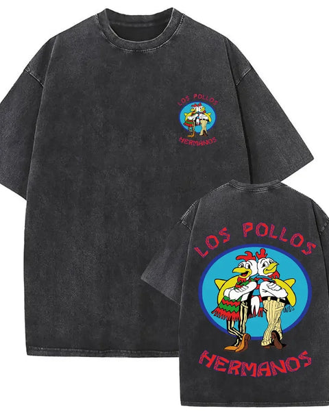 Summer men's and women's fashion water wash vintage retro Los Pollos Hermanos chicken pattern T-shirt casual loose top