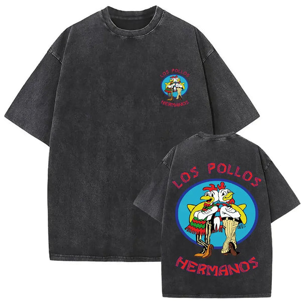 Summer men's and women's fashion water wash vintage retro Los Pollos Hermanos chicken pattern T-shirt casual loose top