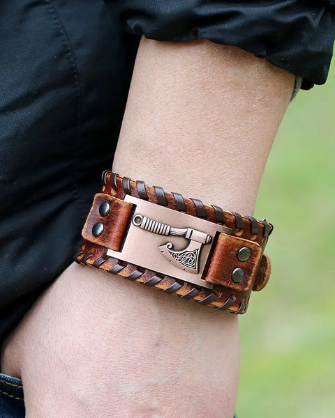 Trendy Wide Edition Leather Woven Rune Viking Tomahawk Bracelet