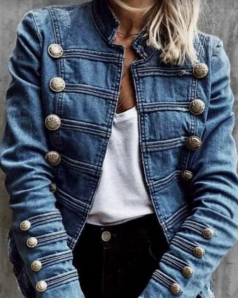 Vintage Button Décor Short Denim Slim Jackets Women