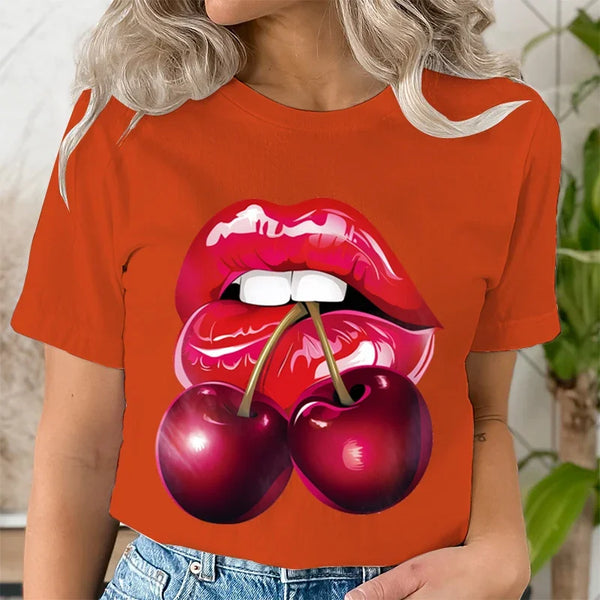 Summer Clothing LIPS CHERRY Print T-Shirts Short Sleeve Ladies Casual Women Fashion Graphic Tee