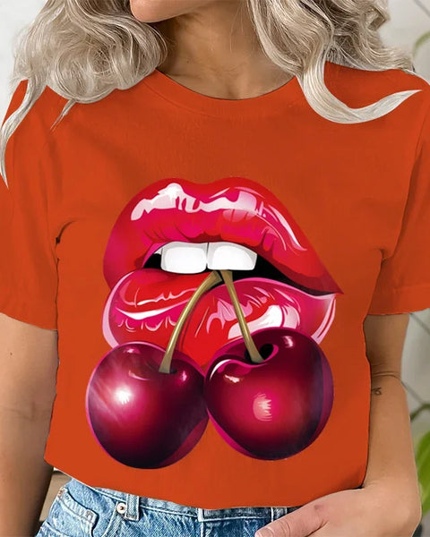 Summer Clothing LIPS CHERRY Print T-Shirts Short Sleeve Ladies Casual Women Fashion Graphic Tee