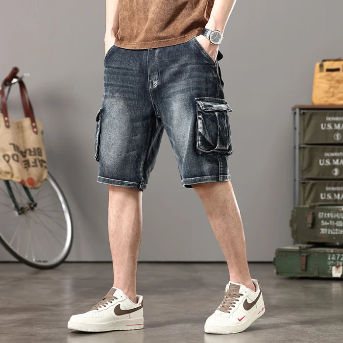 Summer new elastic American retro multi -pocket tools for denim shorts