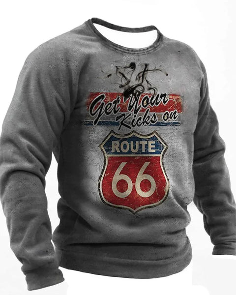 Vintage Men Route 66 Print Long Sleeve Tops Outdoor Biker T Shirt