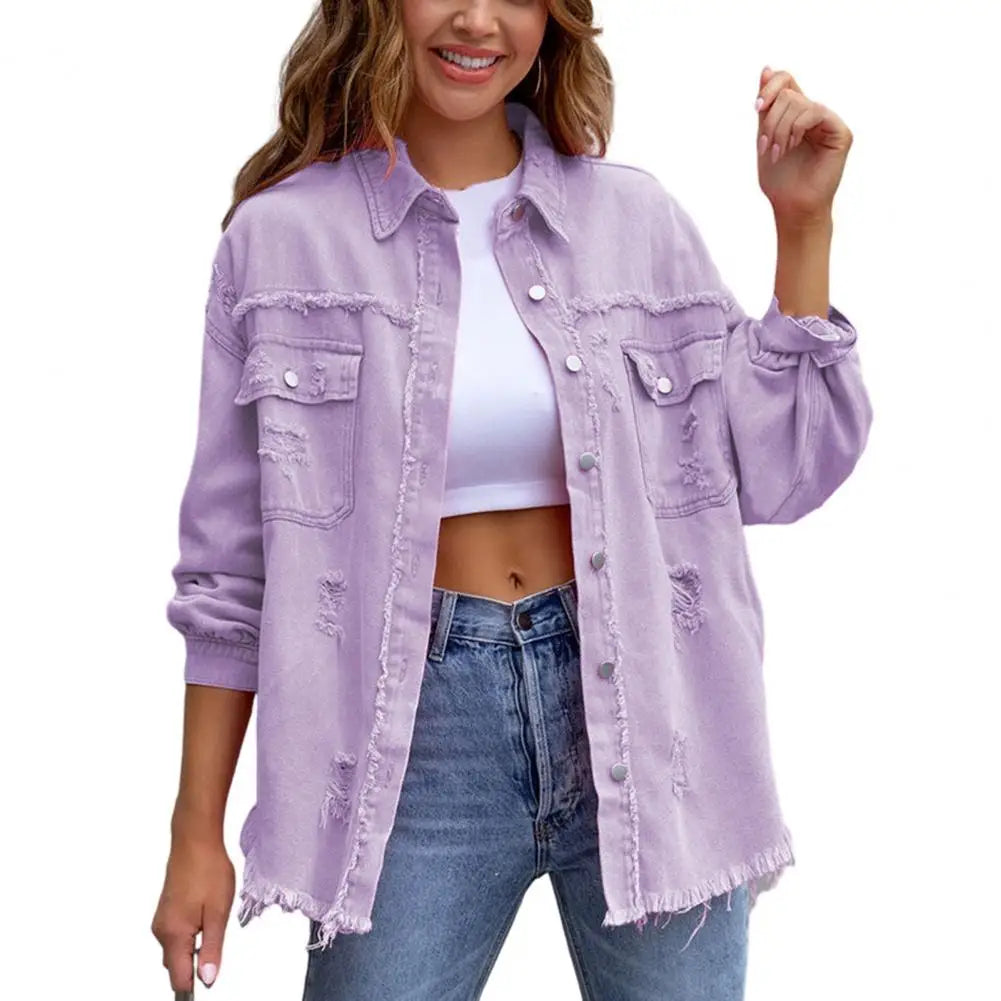 Women Denim Jackets Ripped Pocket