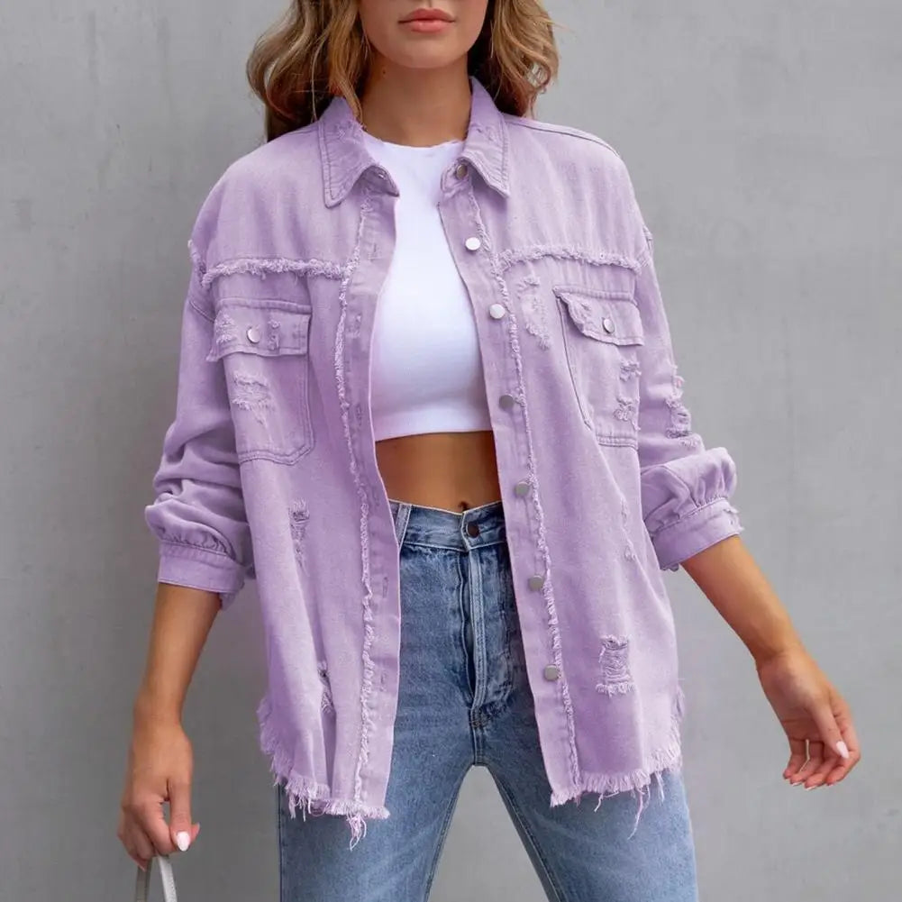 Women Denim Jackets Ripped Pocket