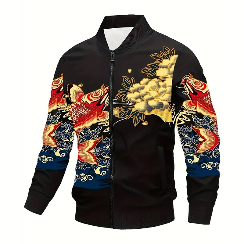 Luxury Retro Print Men's Jacket Black Flower Streetwear Zipper