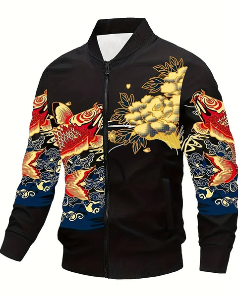 Luxury Retro Print Men's Jacket Black Flower Streetwear Zipper