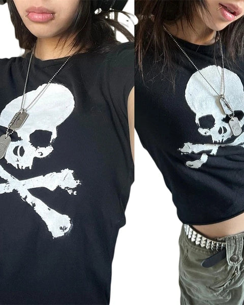 Vintage Grunge Graphic Print Short Sleeve T-Shirt Y2k Slim Crop Top Gothic Skull Punk Streetwear Women's Tee Summer Casual 90s