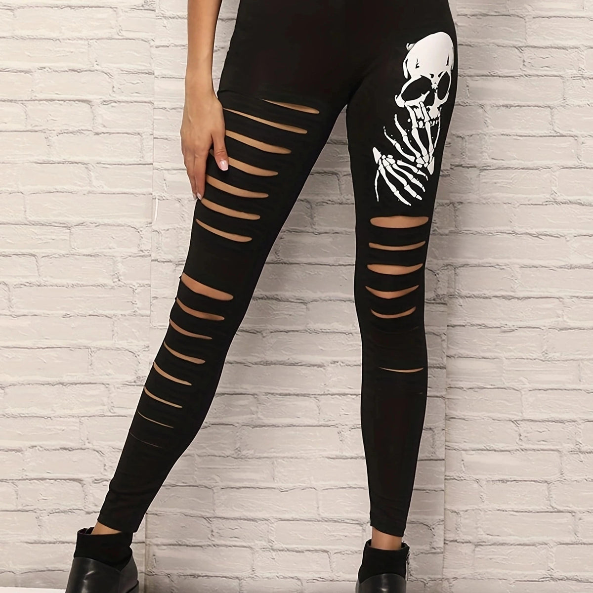 New European-style Ripped Niners Fashion Skull Print Leggings Gothic Style