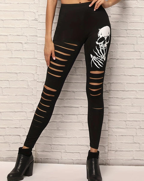 New European-style Ripped Niners Fashion Skull Print Leggings Gothic Style