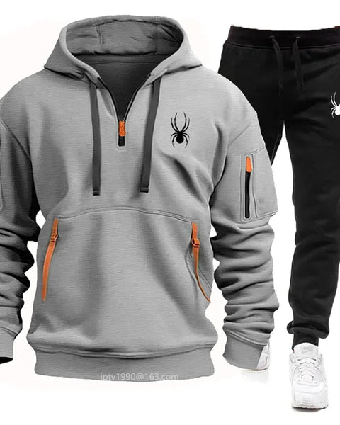 Winter men's multi-pocket zipper hoodie + sweatpants jogging clothing set