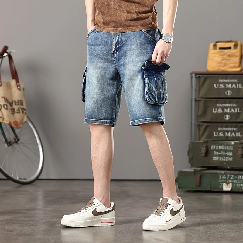 Summer new elastic American retro multi -pocket tools for denim shorts