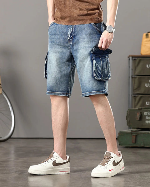 Summer new elastic American retro multi -pocket tools for denim shorts