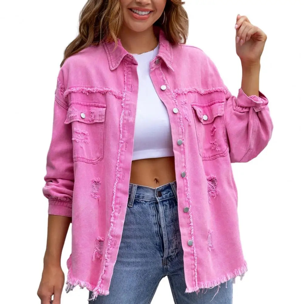 Women Denim Jackets Ripped Pocket