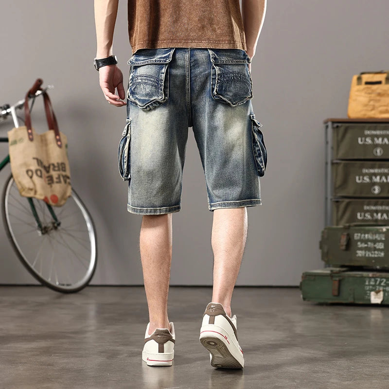 Summer new elastic American retro multi -pocket tools for denim shorts