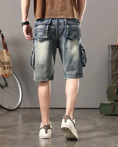 Summer new elastic American retro multi -pocket tools for denim shorts