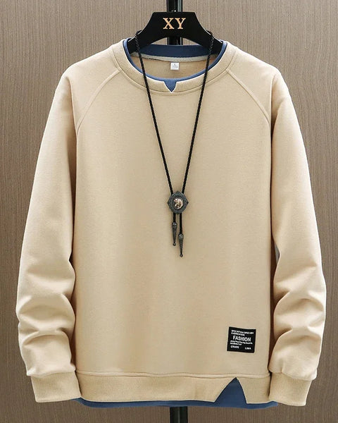 2025 New Mens Casual Sweatshirts Harajuku Solid Color Fashion Fake Two Pieces O-Neck Sweatshirt Hoodies Hip Hop Male Streetwear