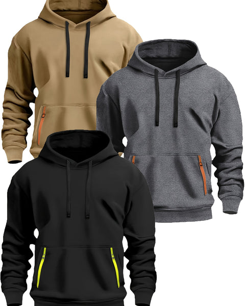 3pcs Heavyweight Fleece-Lined Men's Hooded Sweatshirts | 220gsm Casual Pullovers with Adjustable Drawstring Hood, Kangaroo Pocket & Ribbed Cuffs, Machine Washable for Autumn Winter