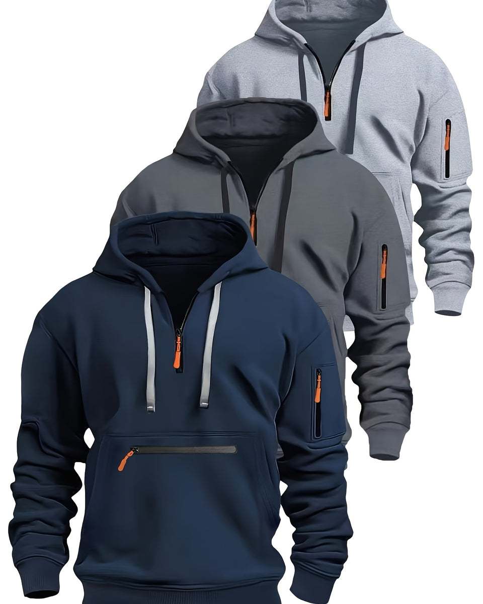 Hooded Sweatshirts with Half-Zip Design & Kangaroo Pocket - Long Sleeve, Solid Color (Green, Blue, Olive) for Outdoor Sports & Leisure, Autumn Winter Clothing | Pullover Design | Polyester Hoodies