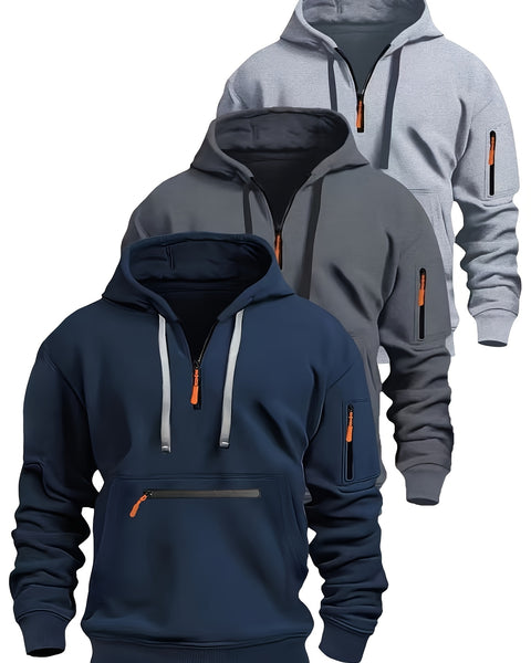 Hooded Sweatshirts with Half-Zip Design & Kangaroo Pocket - Long Sleeve, Solid Color (Green, Blue, Olive) for Outdoor Sports & Leisure, Autumn Winter Clothing | Pullover Design | Polyester Hoodies