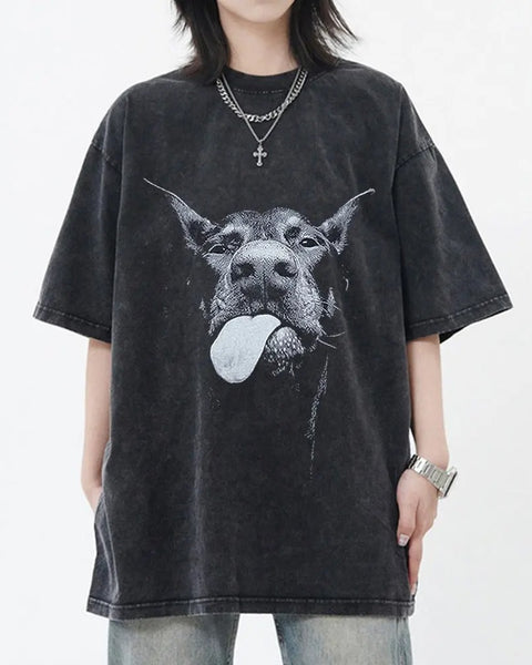 Oversized Summer Vintage  Men Gothic Letter Dog Printed T-Shirt Hip Hop Streetwear