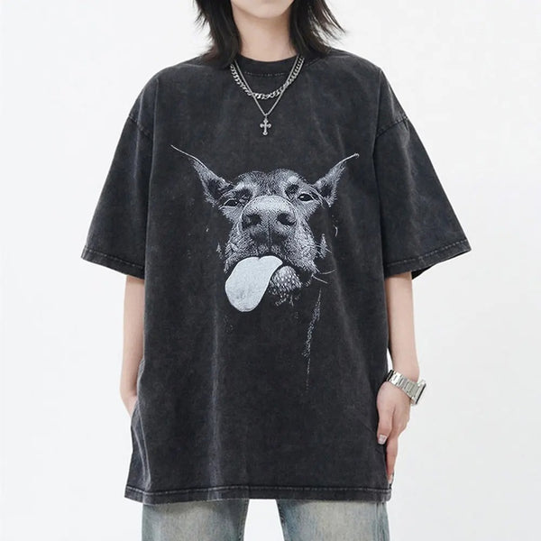 Oversized Summer Vintage  Men Gothic Letter Dog Printed T-Shirt Hip Hop Streetwear