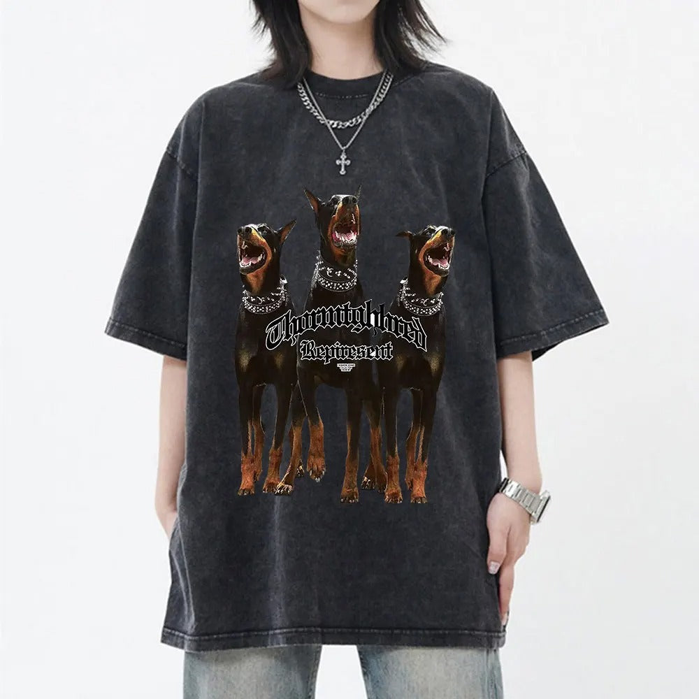 Oversized Summer Vintage  Men Gothic Letter Dog Printed T-Shirt Hip Hop Streetwear